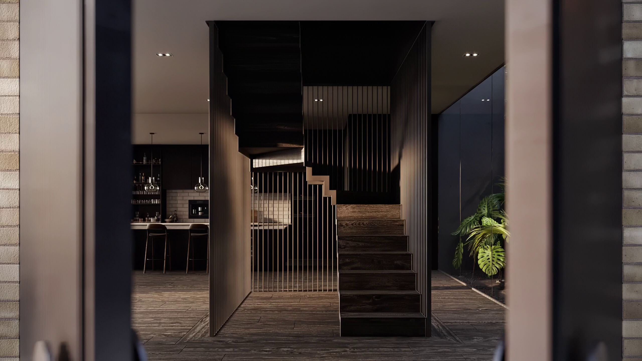 3D render of an entrance to a modern penthouse apartment