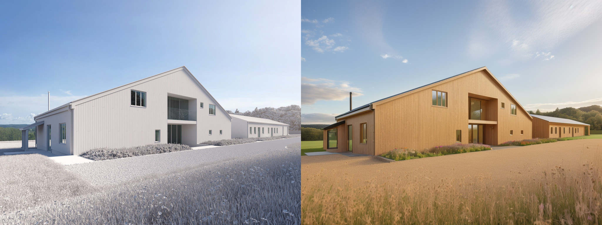 Comparison of a clay render of a modern barn conversion and the AI render
