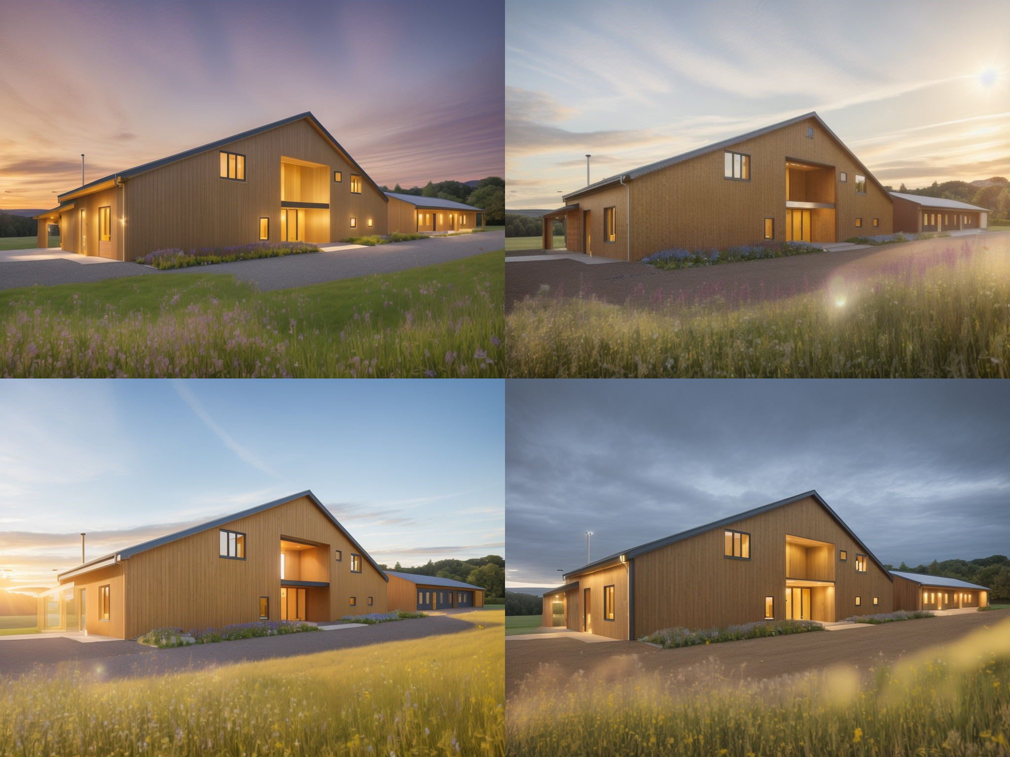 A grid of 4 different looks and lighting scenarios for the modern barn conversion rendered in AI