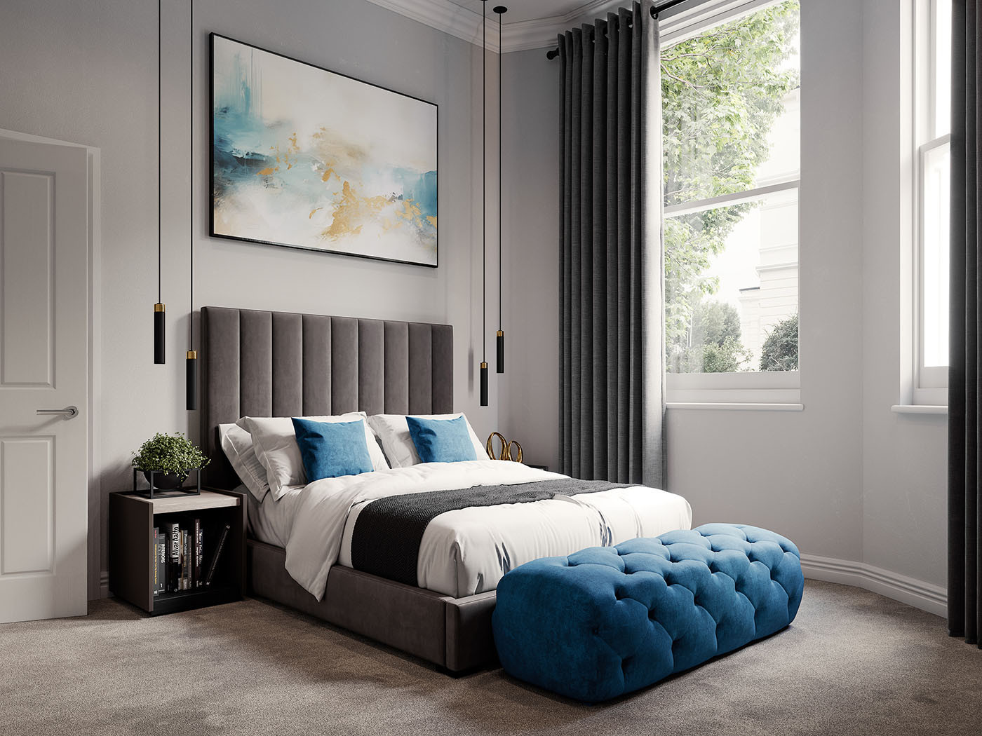 bedroom render with abstract artwork created by AI