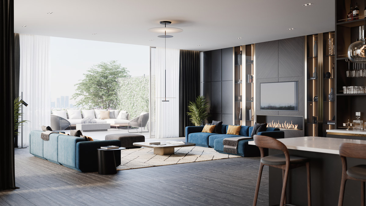 Stunning interior render of penthouse living area