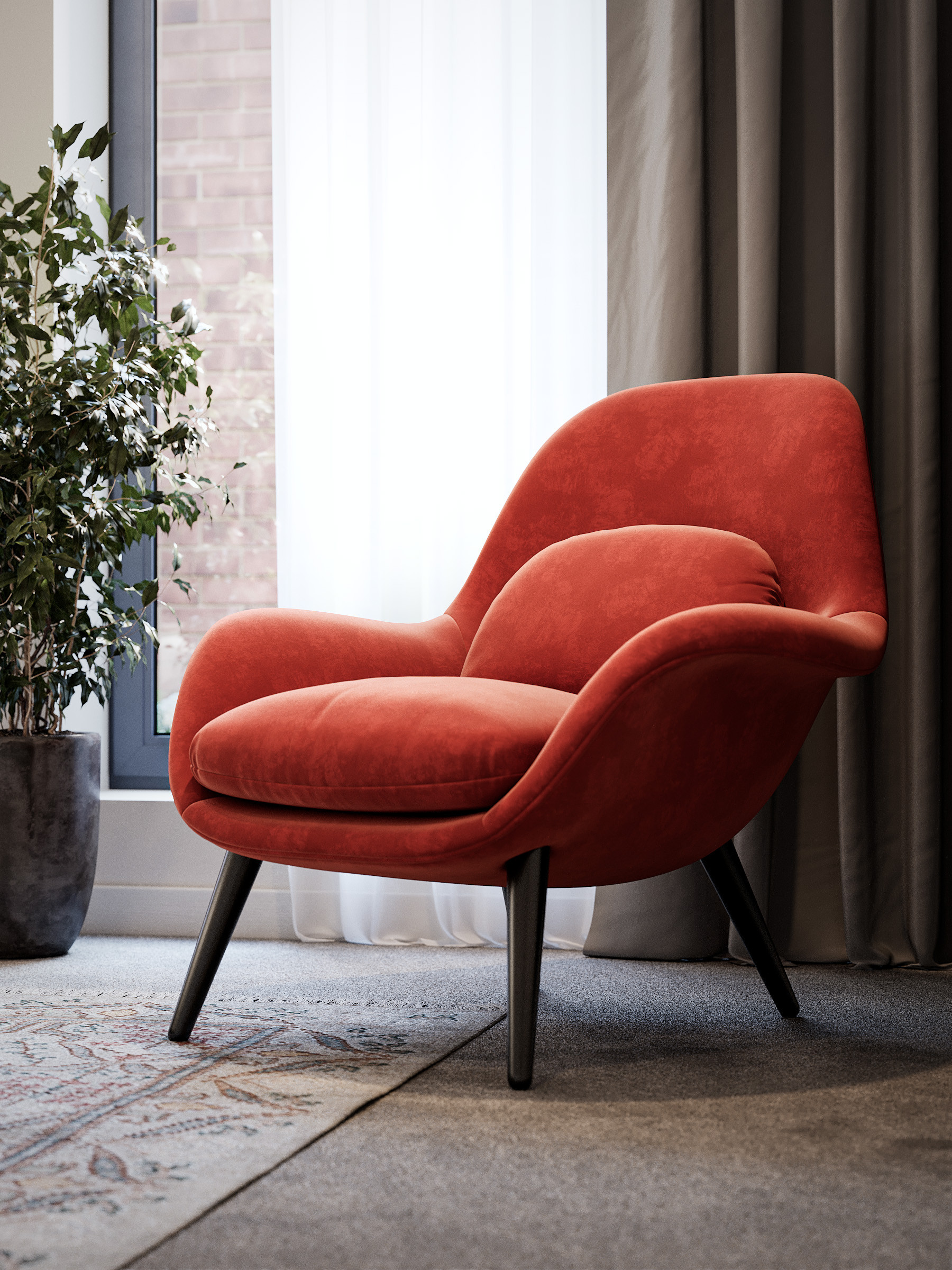 Red chair in bedroom interior render vignette