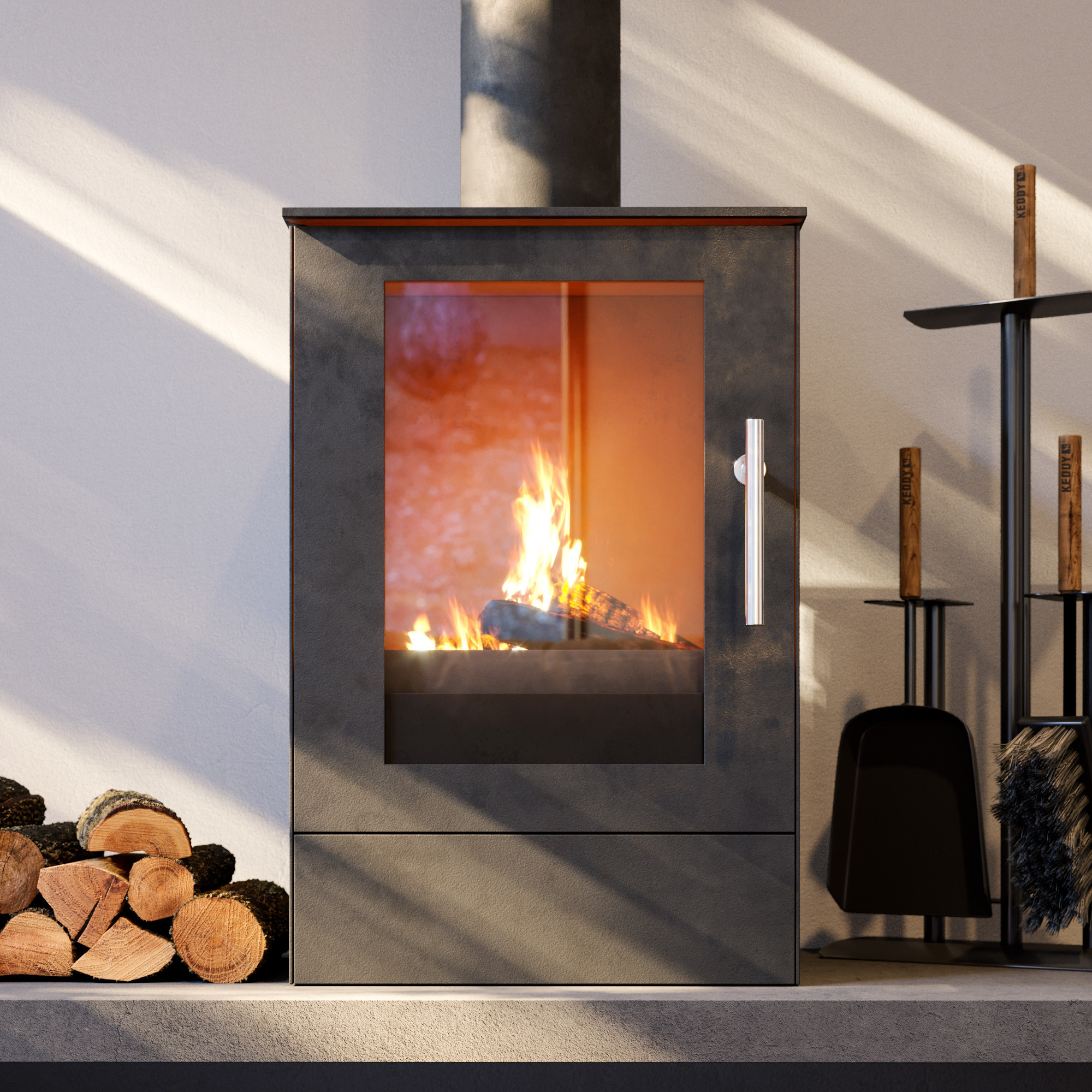 Wood burner with accessories interior render vignette