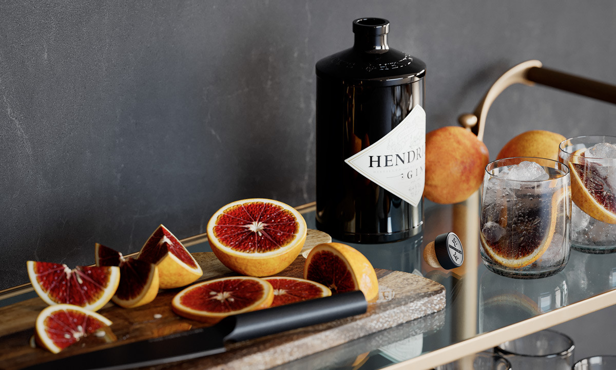 Close-up interior render of blood oranges and gin and tonic drinks
