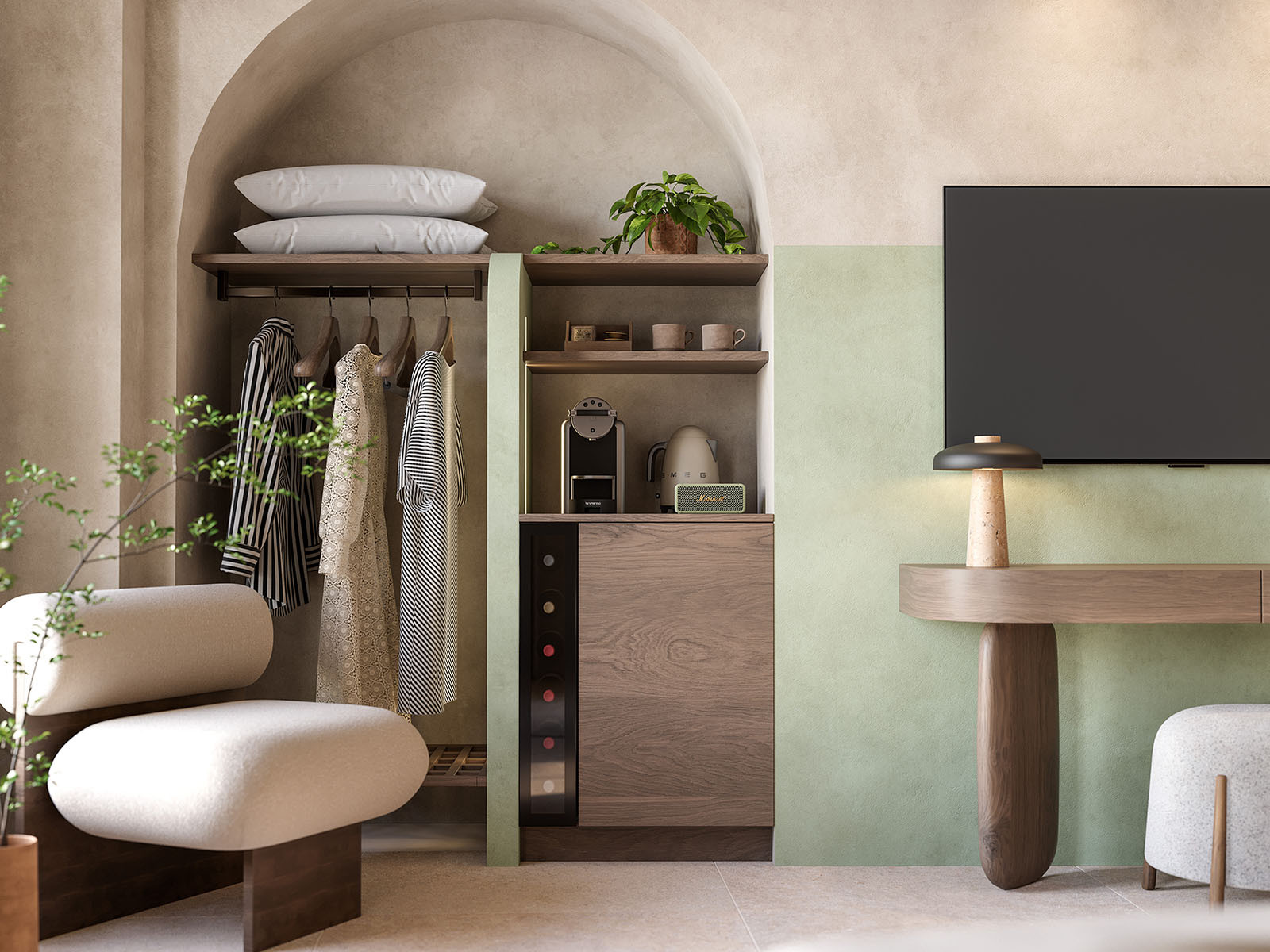 Interior render of Eteon Living showing open wardrobe, coffee area, wine cooler, desk and soft green wall finish