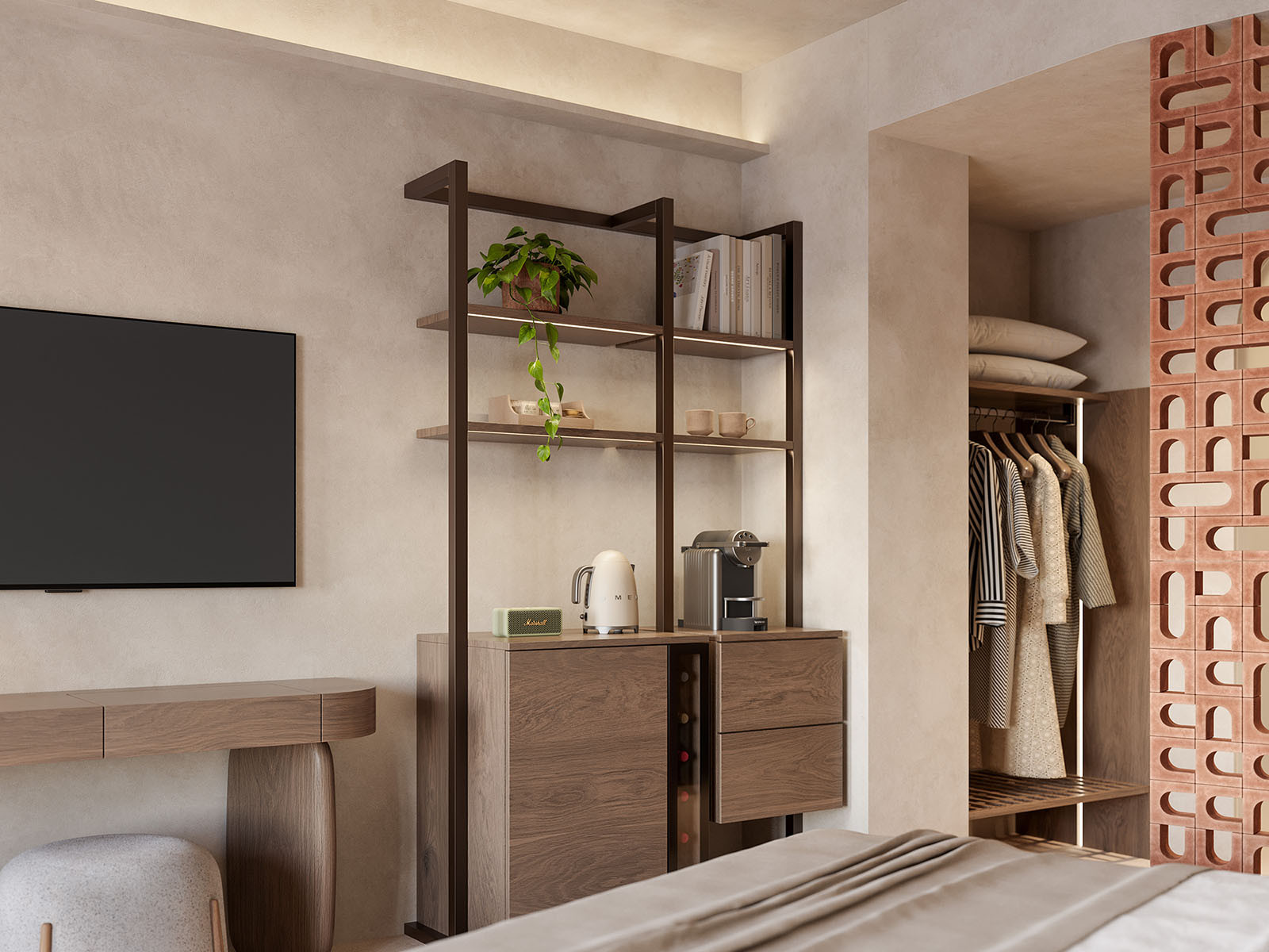 Hotel room render showing timber shelving, coffee station, wardrobe area and clay brick screen at Eteon Living