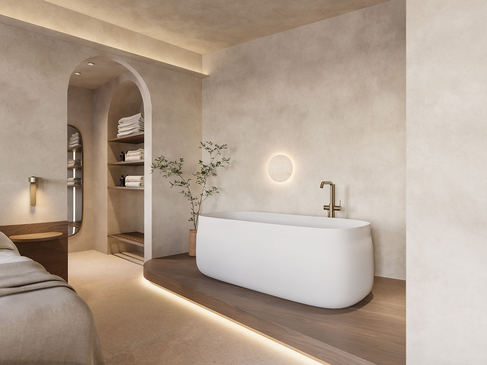 Interior render of a boutique hotel room with freestanding bath, arched wardrobe opening and warm textured finishes