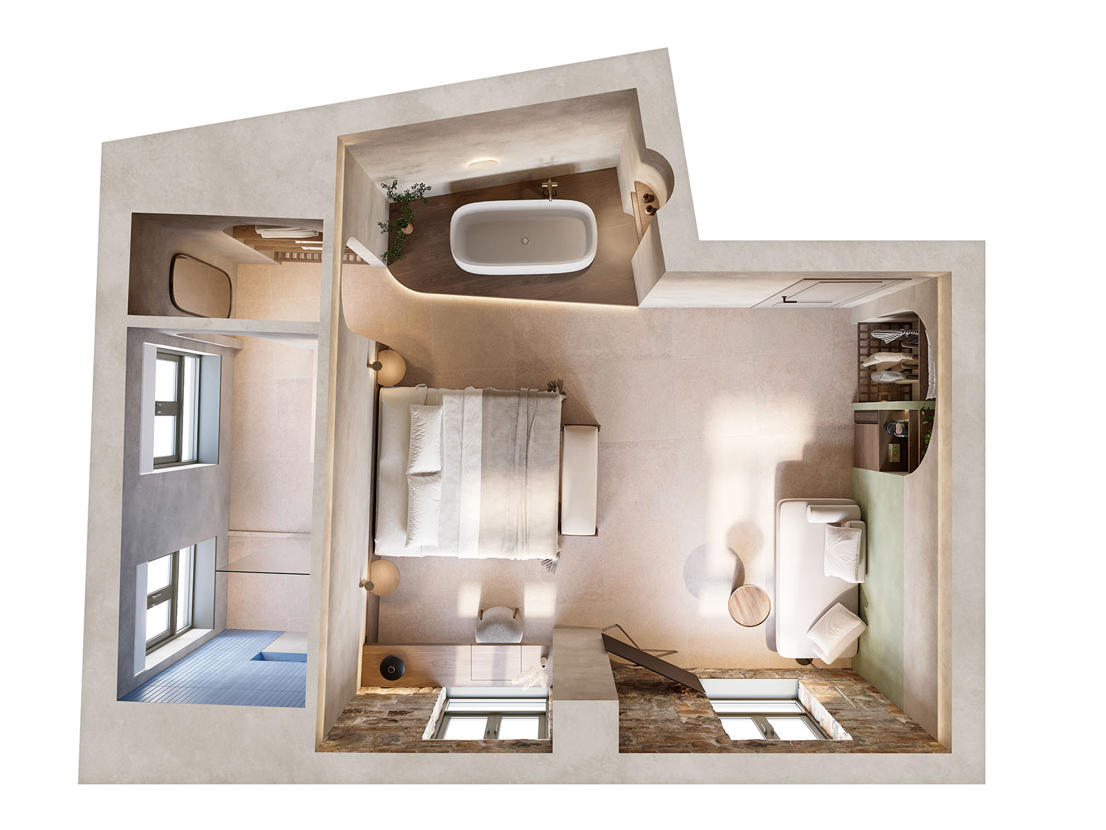 Top-down floor plan render of an Eteon Living hotel room showing the bedroom, bathroom, bath and seating areas