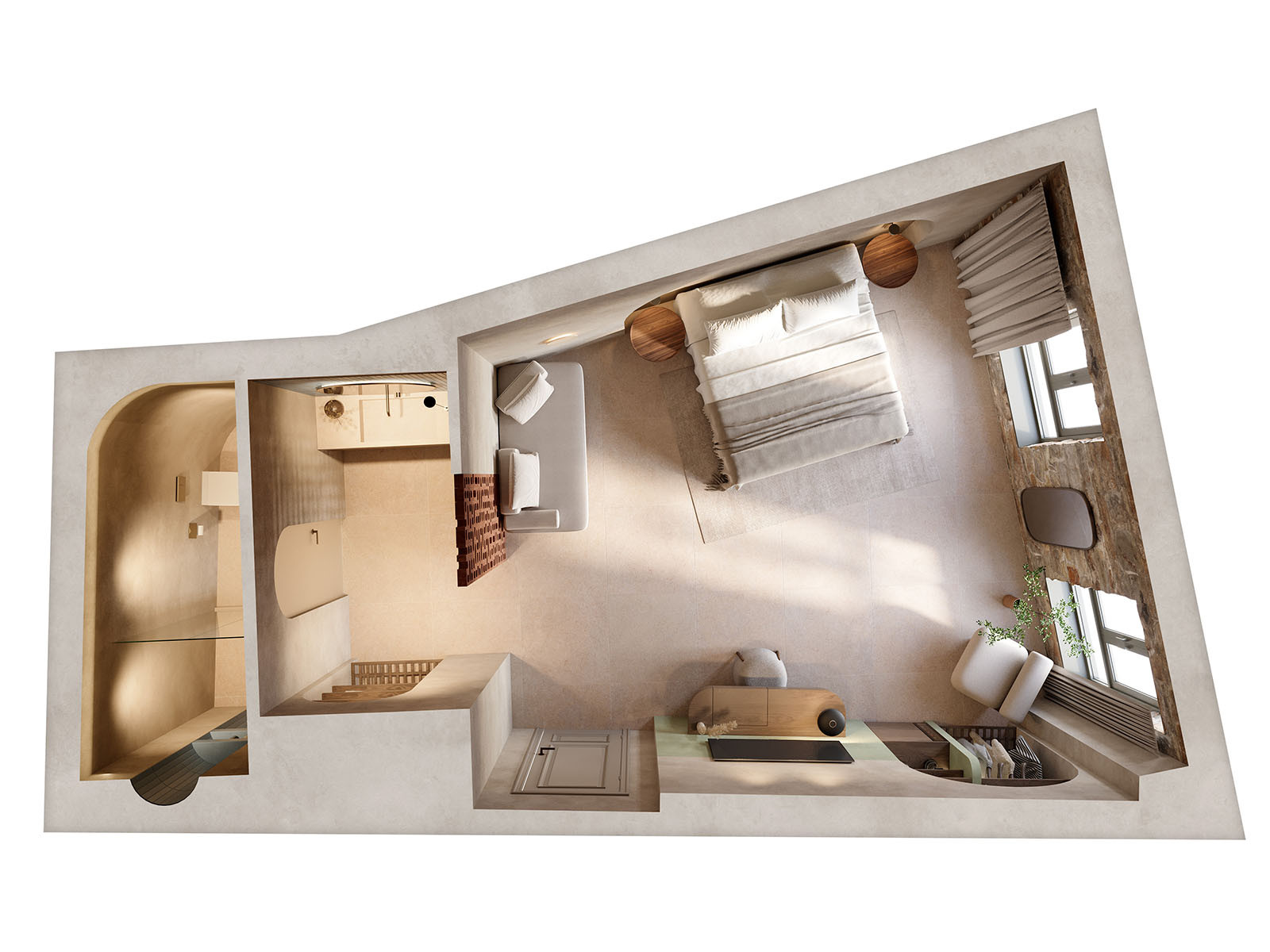 Top-down floor plan render showing a spacious hotel room layout with bedroom, lounge area, bathroom and wardrobe