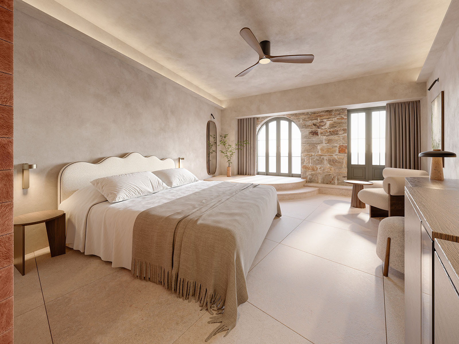Wide interior render of an Eteon Living bedroom with textured walls, stone detailing, timber furniture and soft natural light
