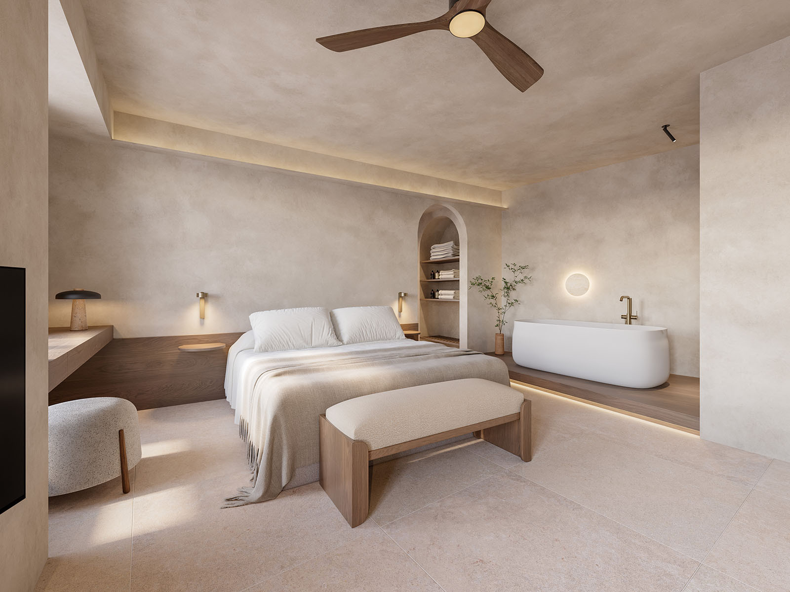 Hotel interior render showing bed, freestanding bath, timber platform, textured plaster walls and soft ambient lighting