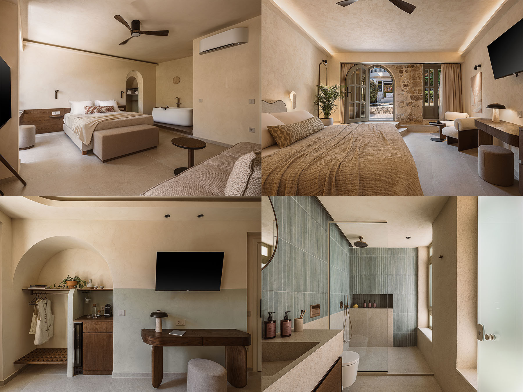 Completed photography of Eteon Living showing bedroom, bathroom, desk, wardrobe and material details