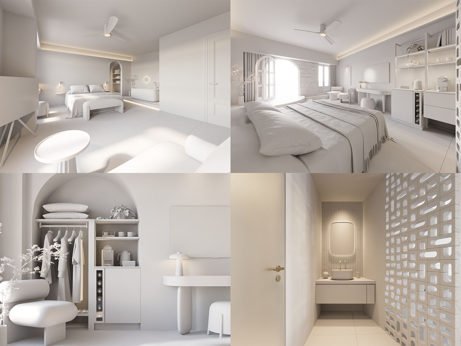 Clay render development views for Eteon Living, exploring bedroom, wardrobe, bathroom and clay screen compositions