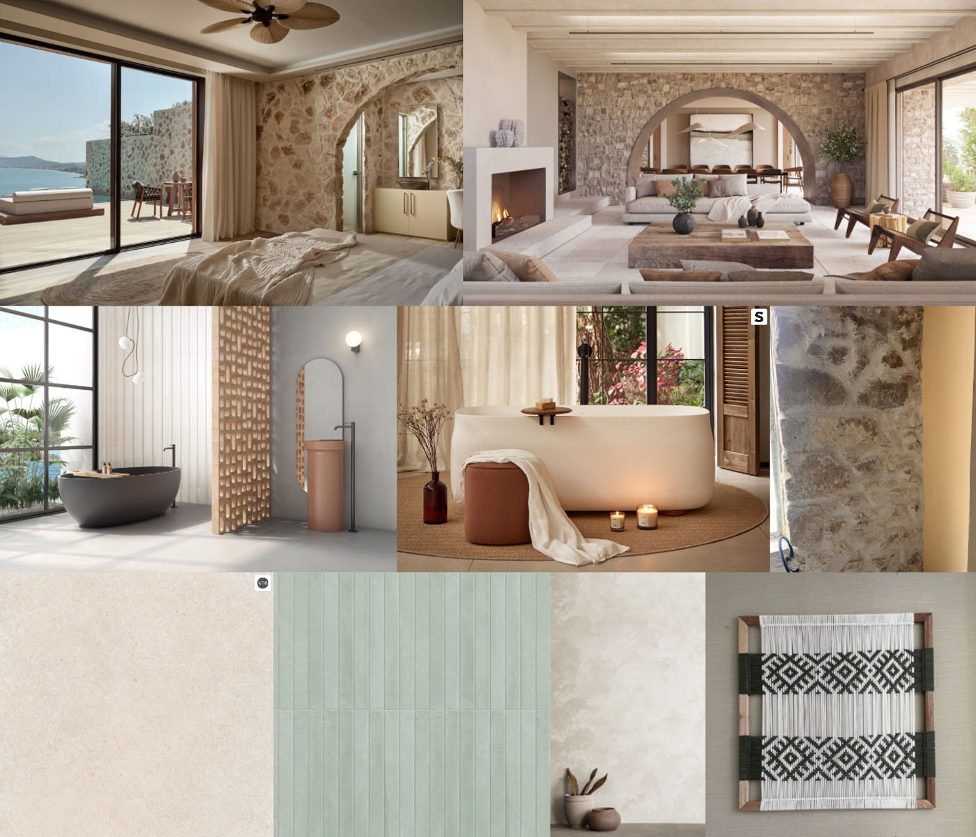 Design reference board for Eteon Living showing Mediterranean interiors, stone walls, clay screens, tiles and woven details