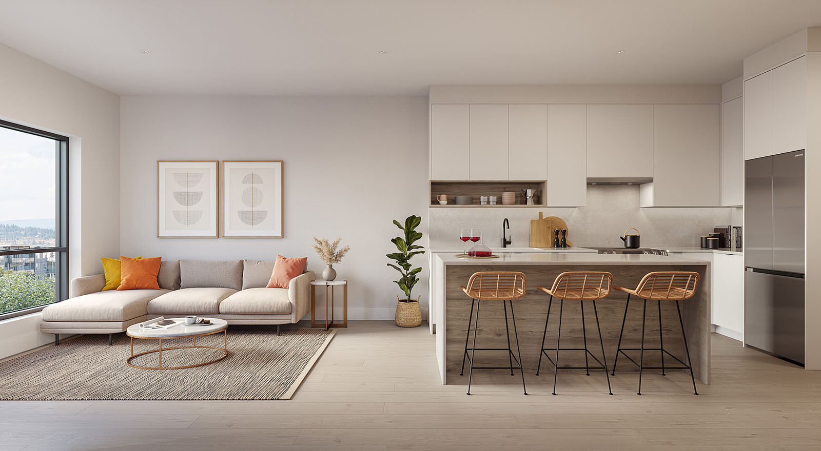 Wide interior render of a Nolita apartment showing the open-plan living room and kitchen with light finishes and breakfast bar.