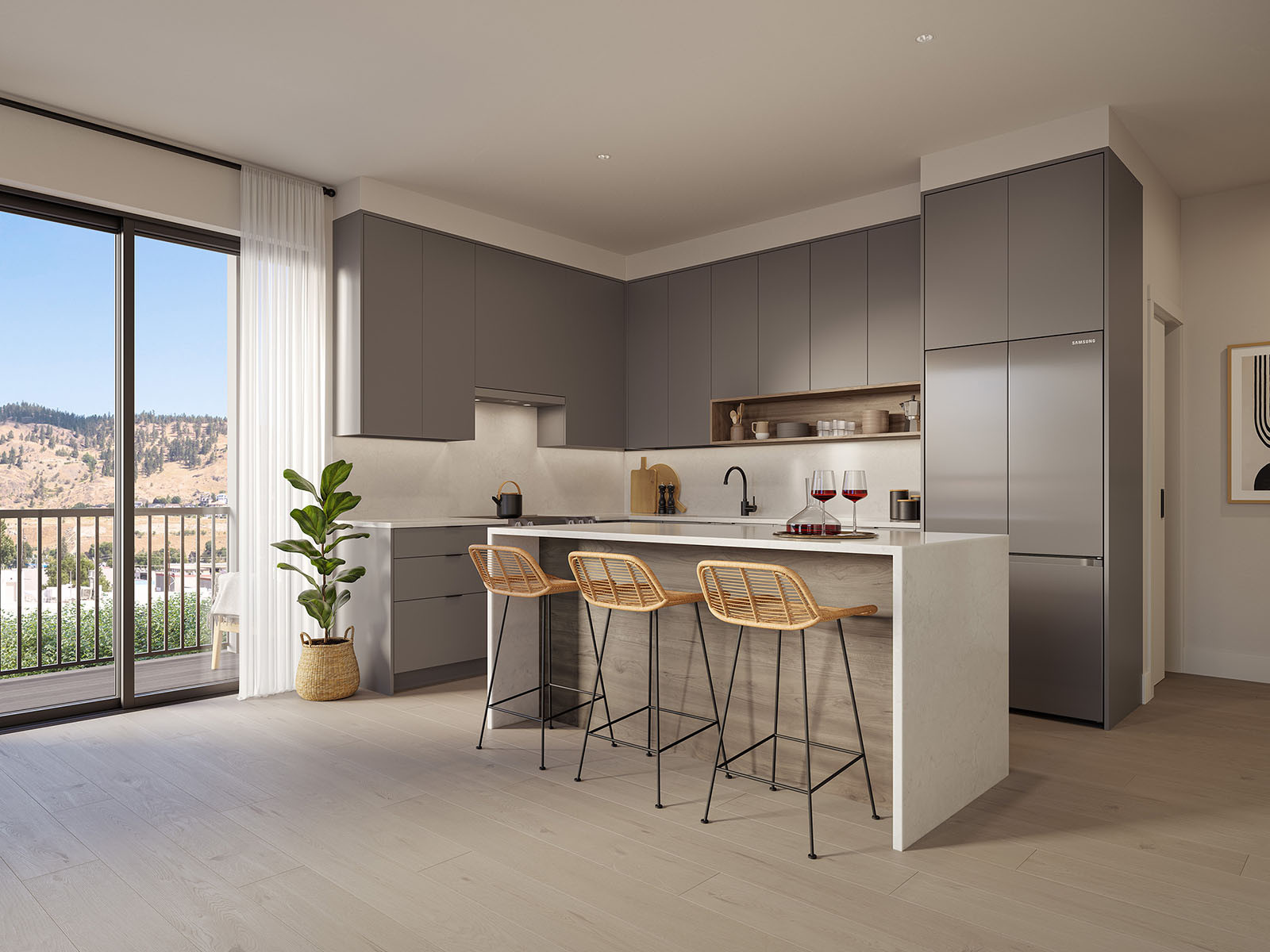 Interior render of a Nolita apartment kitchen with dark cabinetry, timber breakfast bar, three stools and mountain views.
