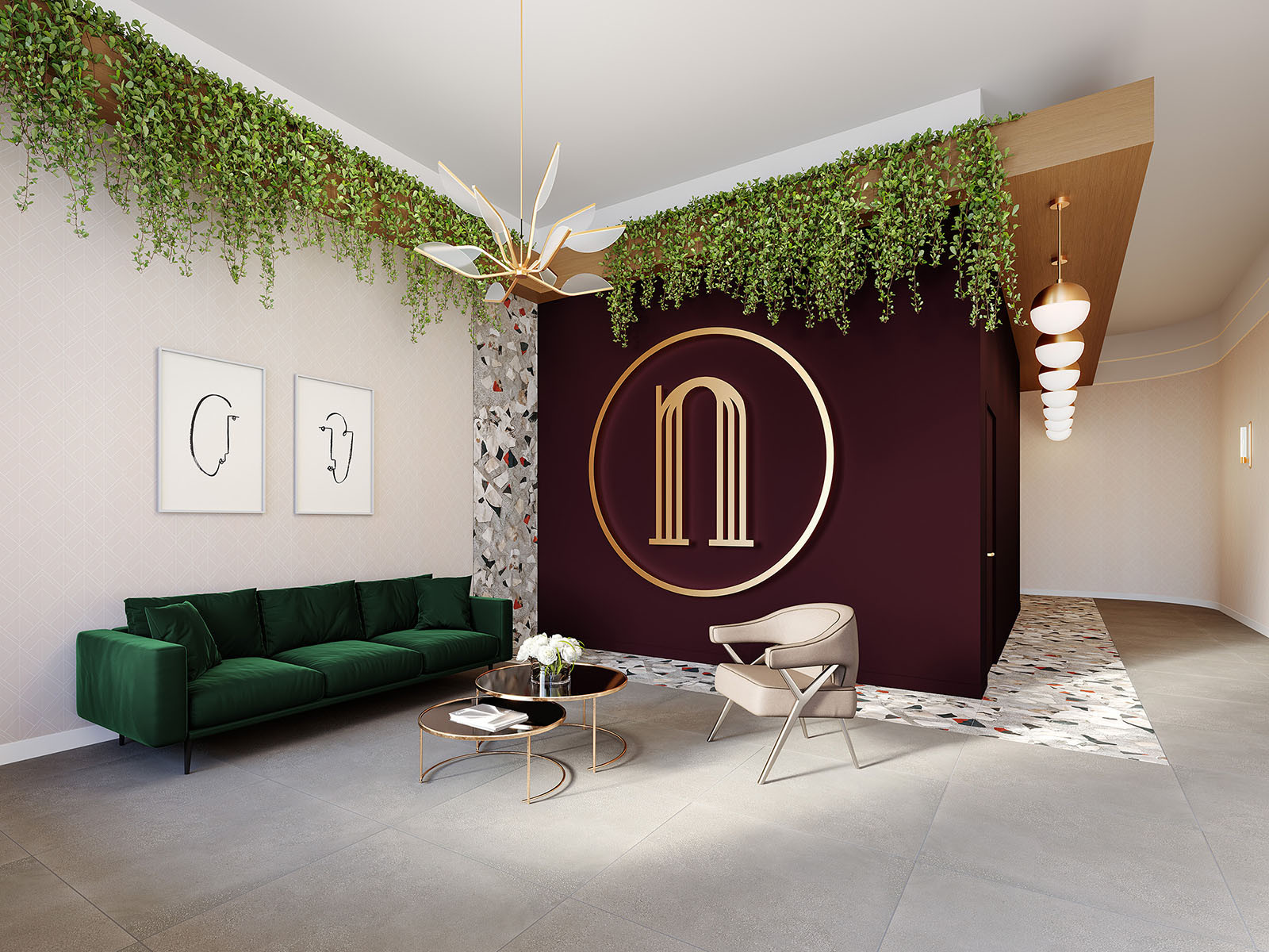 Interior render of Nolita&rsquo;s Art Deco-inspired lobby with burgundy feature wall, brass details, green seating and terrazzo flooring.