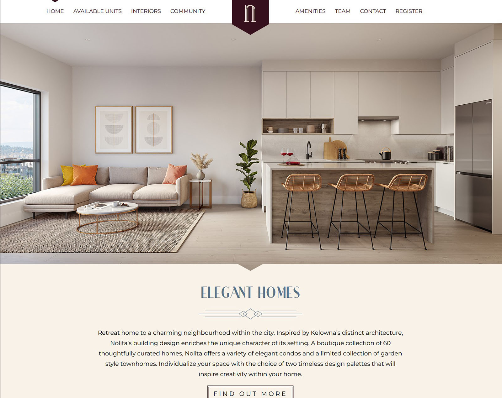 Screenshot of the Nolita marketing website using the open-plan apartment render alongside the project&rsquo;s Art Deco-inspired branding.