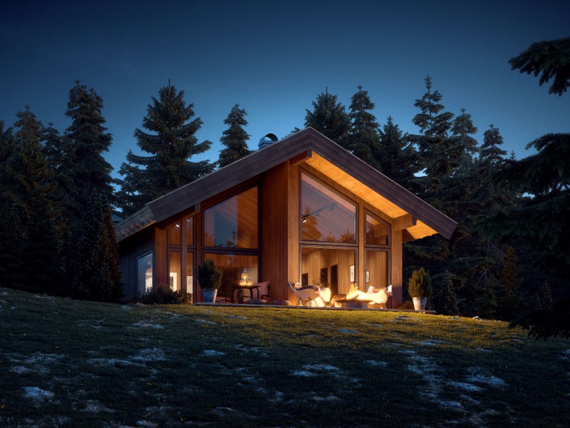 Mountainside Log Cabin Exterior Dusk Cinemagraph