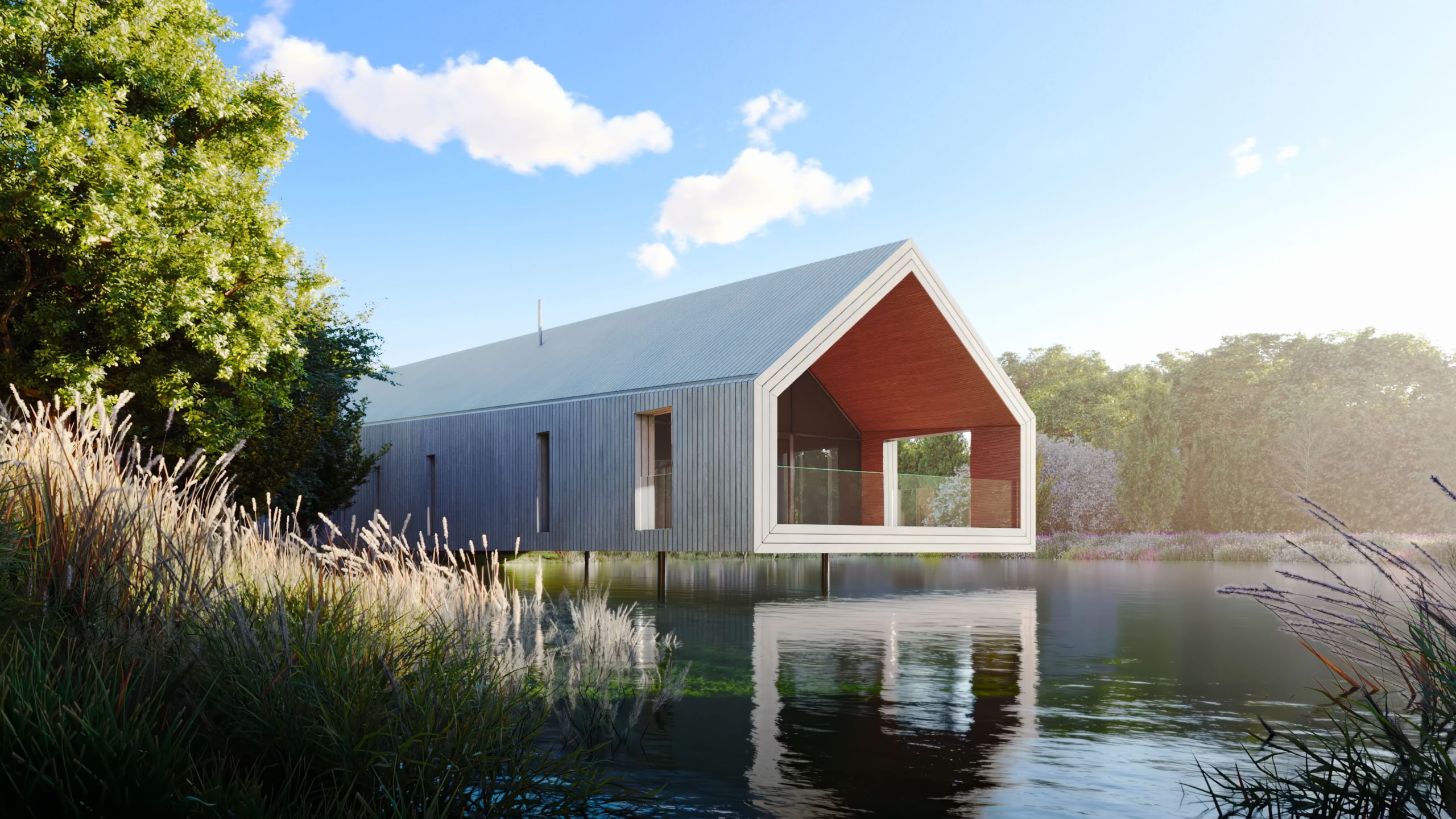 Exterior Rendered Animation of Contemporary Lake House