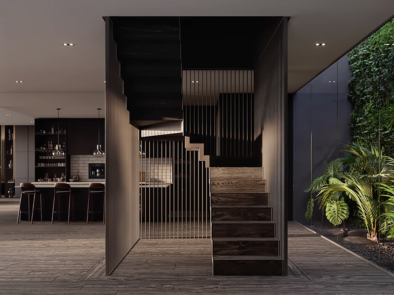 A cinematic 3D rendered animation of a luxury penthouse with a modern staircase & sleek interior design.