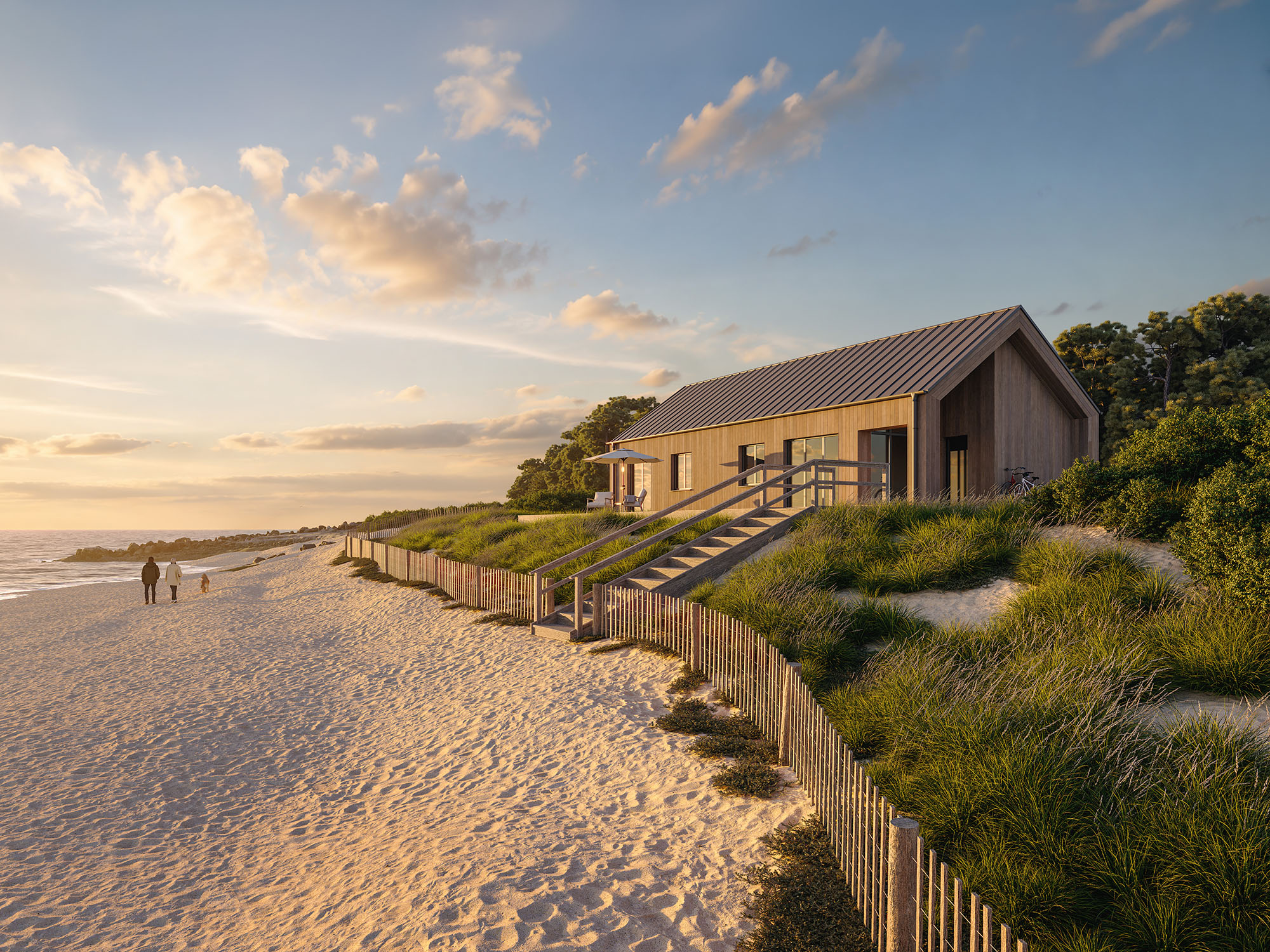 Exterior architectural render of a contemporary timber-clad beach house set among coastal dunes at sunset, overlooking a sandy shoreline.