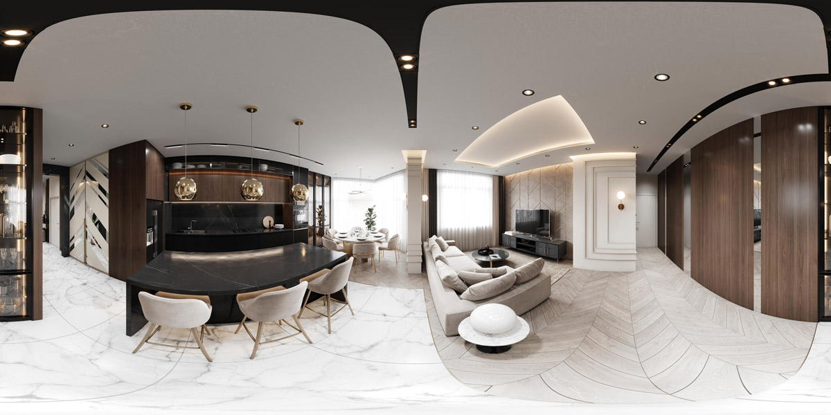 360 panoramic interior render of open plan apartment