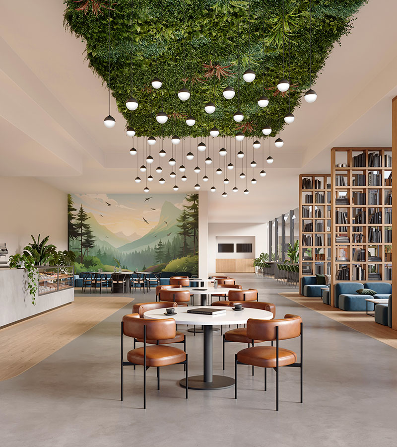 Interior architectural render of a contemporary café and communal workspace with a planted ceiling, pendant lights, leather seating and a large mountain mural.