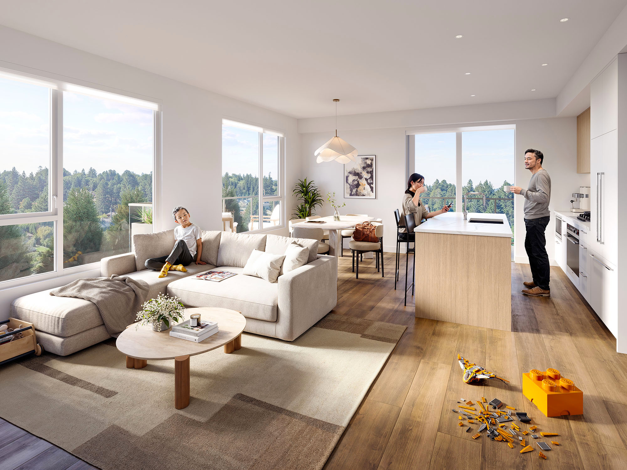Interior architectural render of a bright open-plan family apartment with a living room, dining area and modern kitchen overlooking woodland.