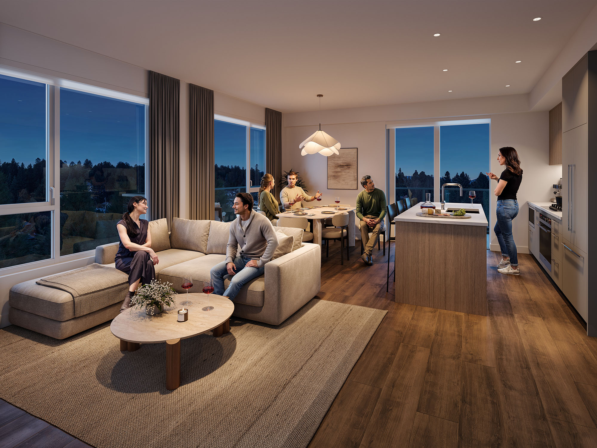 Interior architectural render of a contemporary open-plan apartment with guests socialising across the living, dining and kitchen areas at dusk.