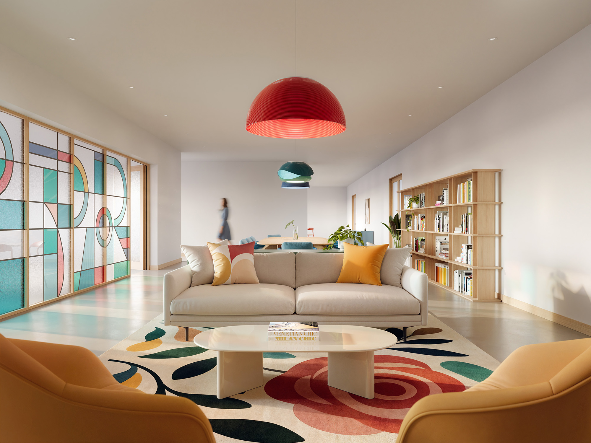 Interior architectural render of a colourful communal lounge with stained-glass partitions, statement pendant lighting and contemporary furniture.