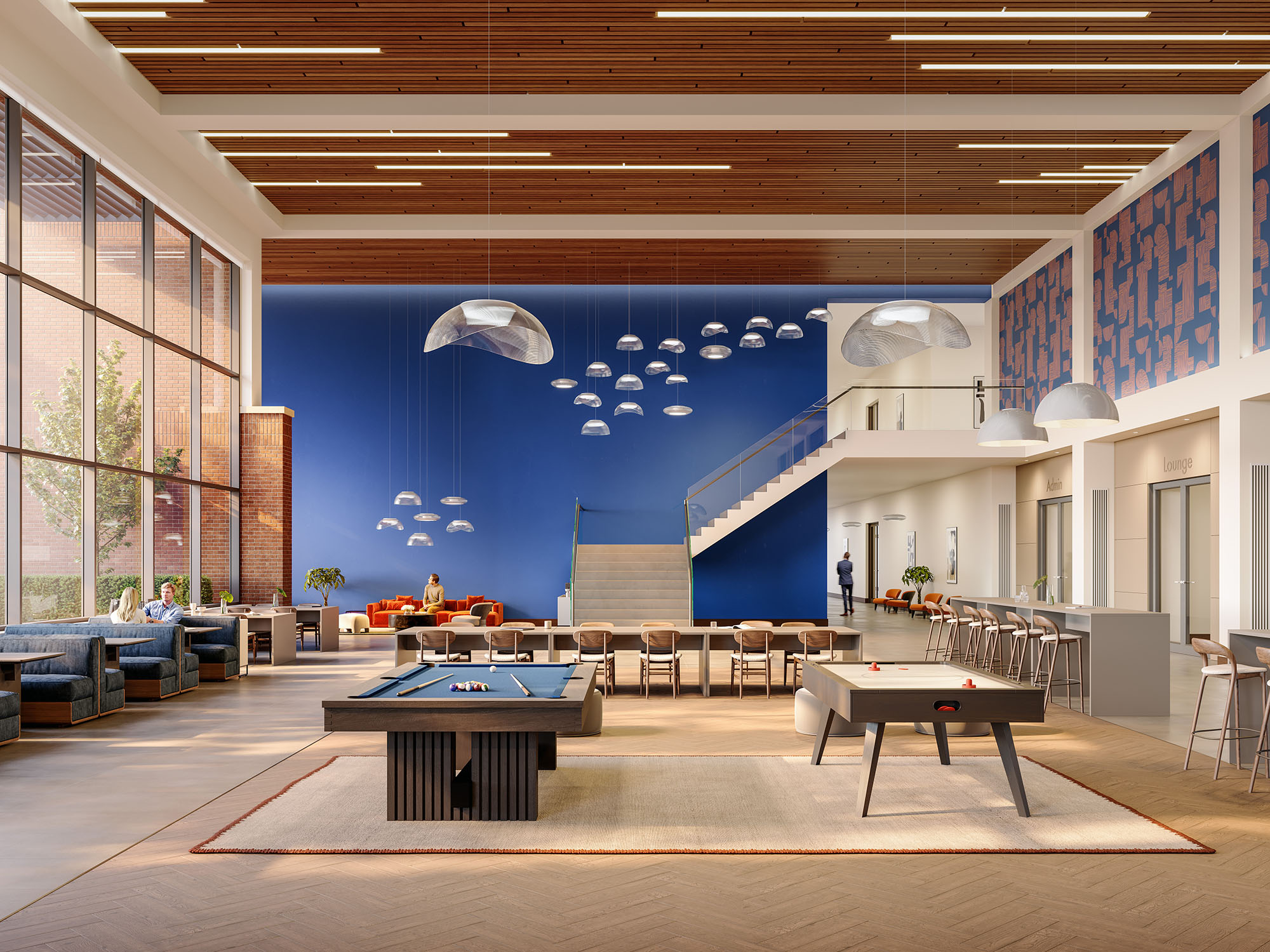 Interior architectural render of a spacious communal lounge with pool and air hockey tables, booth seating, suspended lighting and a bold blue feature wall.